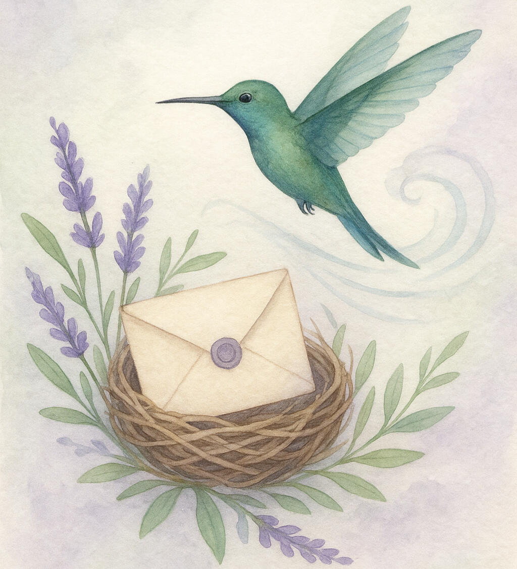 Cartas del Nido Colibrí sobre nido con carta, ramitas verdes y de lavanda.